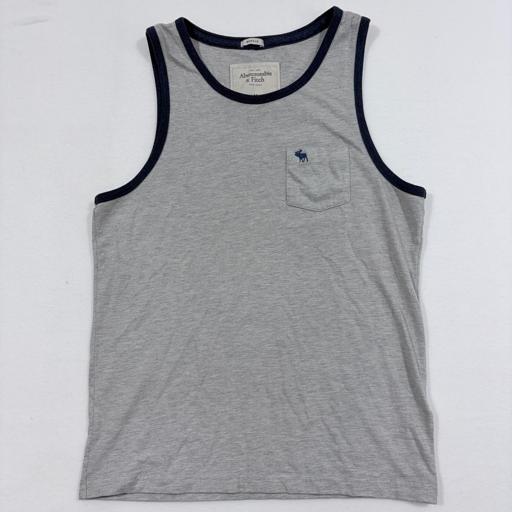 Abercrombie &‎ Fitch Mens Sz M Gray Muscle Tank Top Y2K Embroidered Moose Logo